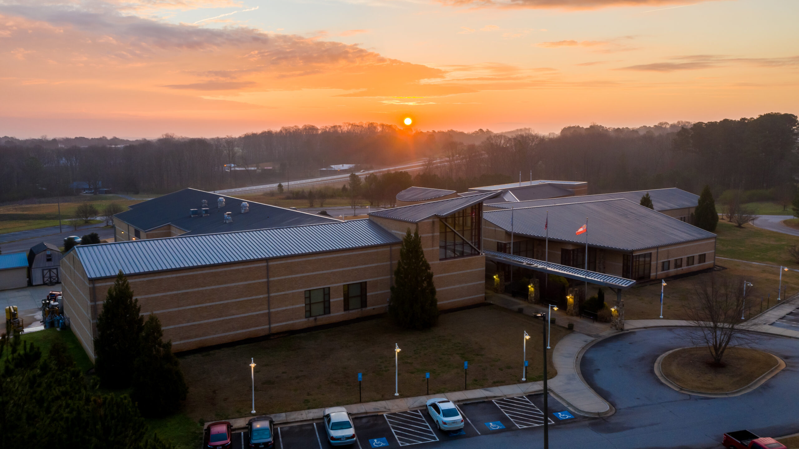 aerial photo of sunset over campus