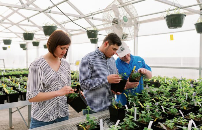 male and female students in blue with green plants in hand in a greenhouse