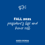 11"Fall 2021 presidents list and honor roll" in white text with a blue background.