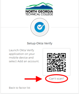 Screenshot of Setup Okta Verify page with "Can't Scan" circled in red below the QR Code