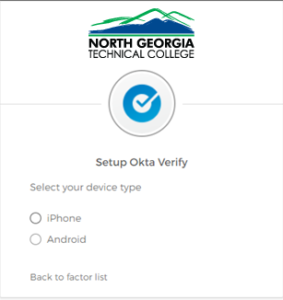 Screenshot of Setup Okta Verify screen for choosing your device type